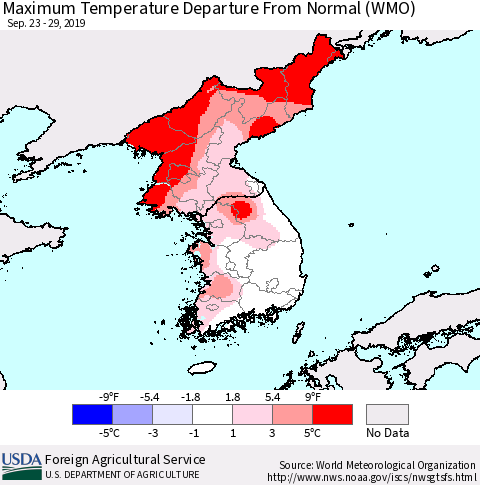 Korea Mean Maximum Temperature Departure from Normal (WMO) Thematic Map For 9/23/2019 - 9/29/2019