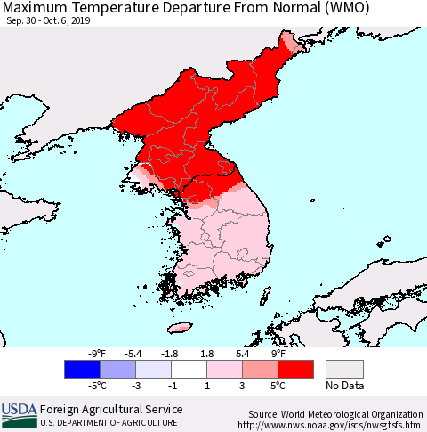 Korea Mean Maximum Temperature Departure from Normal (WMO) Thematic Map For 9/30/2019 - 10/6/2019