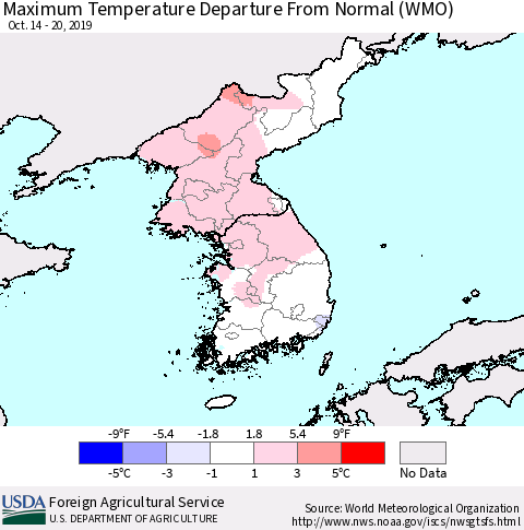 Korea Mean Maximum Temperature Departure from Normal (WMO) Thematic Map For 10/14/2019 - 10/20/2019