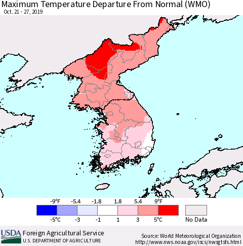 Korea Mean Maximum Temperature Departure from Normal (WMO) Thematic Map For 10/21/2019 - 10/27/2019