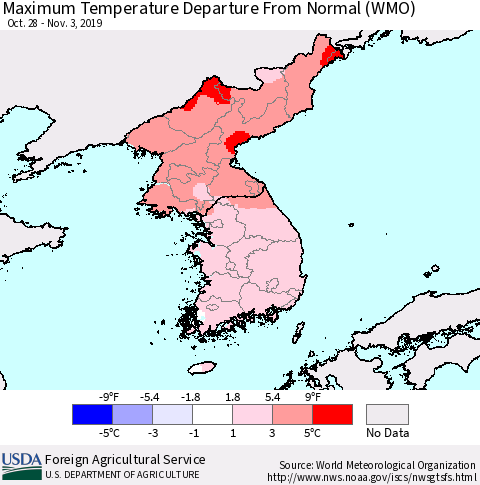 Korea Mean Maximum Temperature Departure from Normal (WMO) Thematic Map For 10/28/2019 - 11/3/2019