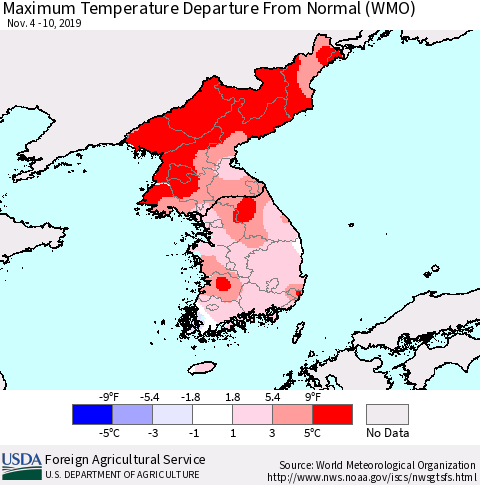 Korea Mean Maximum Temperature Departure from Normal (WMO) Thematic Map For 11/4/2019 - 11/10/2019