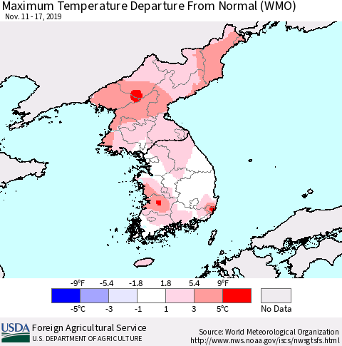 Korea Mean Maximum Temperature Departure from Normal (WMO) Thematic Map For 11/11/2019 - 11/17/2019
