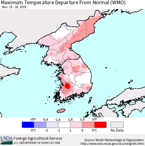 Korea Mean Maximum Temperature Departure from Normal (WMO) Thematic Map For 11/18/2019 - 11/24/2019