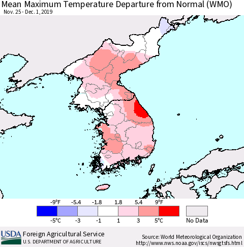 Korea Mean Maximum Temperature Departure from Normal (WMO) Thematic Map For 11/25/2019 - 12/1/2019