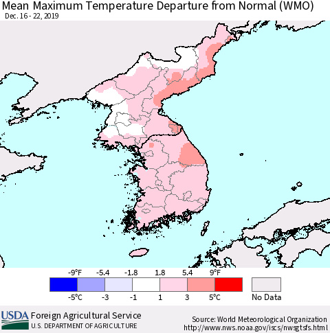 Korea Mean Maximum Temperature Departure from Normal (WMO) Thematic Map For 12/16/2019 - 12/22/2019