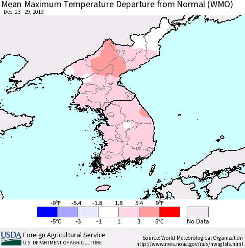 Korea Mean Maximum Temperature Departure from Normal (WMO) Thematic Map For 12/23/2019 - 12/29/2019