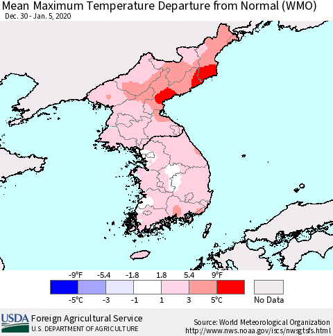 Korea Mean Maximum Temperature Departure from Normal (WMO) Thematic Map For 12/30/2019 - 1/5/2020