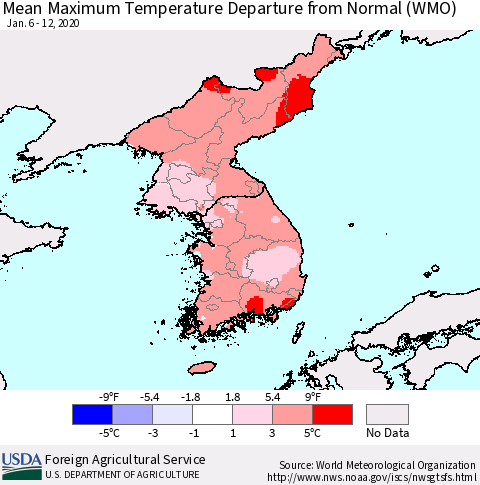Korea Mean Maximum Temperature Departure from Normal (WMO) Thematic Map For 1/6/2020 - 1/12/2020