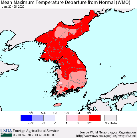 Korea Mean Maximum Temperature Departure from Normal (WMO) Thematic Map For 1/20/2020 - 1/26/2020