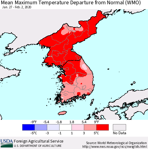 Korea Mean Maximum Temperature Departure from Normal (WMO) Thematic Map For 1/27/2020 - 2/2/2020