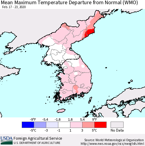 Korea Mean Maximum Temperature Departure from Normal (WMO) Thematic Map For 2/17/2020 - 2/23/2020