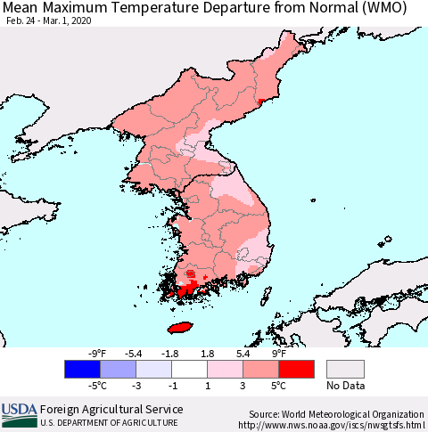 Korea Mean Maximum Temperature Departure from Normal (WMO) Thematic Map For 2/24/2020 - 3/1/2020