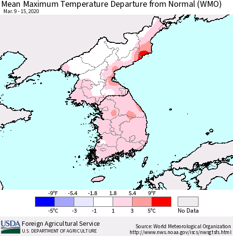 Korea Mean Maximum Temperature Departure from Normal (WMO) Thematic Map For 3/9/2020 - 3/15/2020