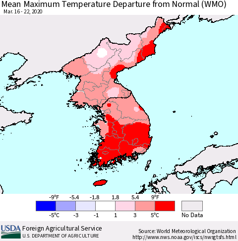 Korea Mean Maximum Temperature Departure from Normal (WMO) Thematic Map For 3/16/2020 - 3/22/2020