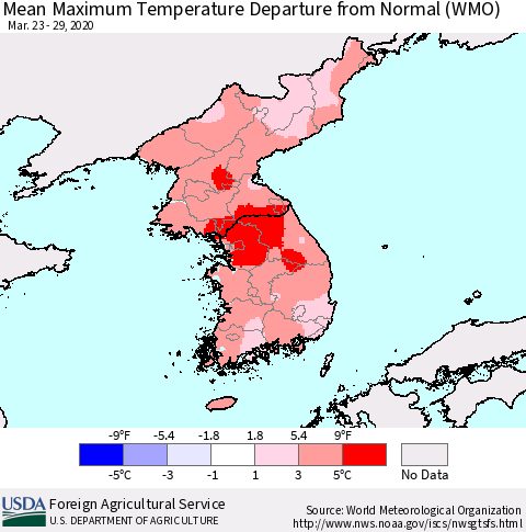 Korea Mean Maximum Temperature Departure from Normal (WMO) Thematic Map For 3/23/2020 - 3/29/2020