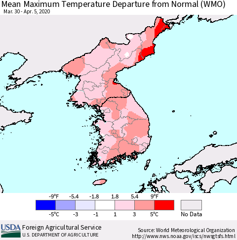 Korea Mean Maximum Temperature Departure from Normal (WMO) Thematic Map For 3/30/2020 - 4/5/2020
