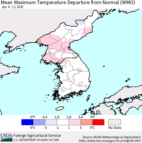 Korea Mean Maximum Temperature Departure from Normal (WMO) Thematic Map For 4/6/2020 - 4/12/2020