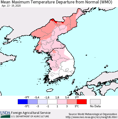 Korea Mean Maximum Temperature Departure from Normal (WMO) Thematic Map For 4/13/2020 - 4/19/2020