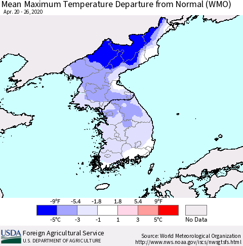 Korea Mean Maximum Temperature Departure from Normal (WMO) Thematic Map For 4/20/2020 - 4/26/2020