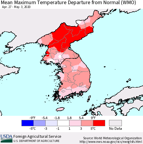 Korea Mean Maximum Temperature Departure from Normal (WMO) Thematic Map For 4/27/2020 - 5/3/2020