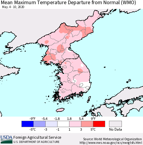 Korea Mean Maximum Temperature Departure from Normal (WMO) Thematic Map For 5/4/2020 - 5/10/2020