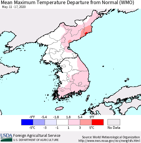 Korea Mean Maximum Temperature Departure from Normal (WMO) Thematic Map For 5/11/2020 - 5/17/2020