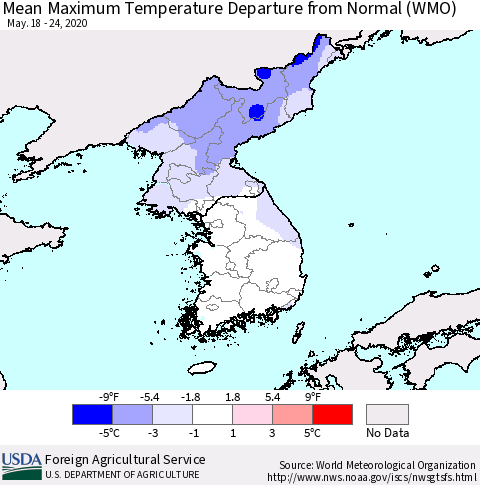 Korea Mean Maximum Temperature Departure from Normal (WMO) Thematic Map For 5/18/2020 - 5/24/2020