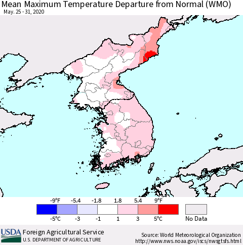 Korea Mean Maximum Temperature Departure from Normal (WMO) Thematic Map For 5/25/2020 - 5/31/2020