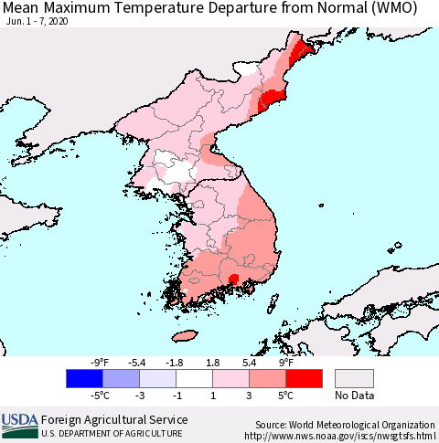 Korea Mean Maximum Temperature Departure from Normal (WMO) Thematic Map For 6/1/2020 - 6/7/2020