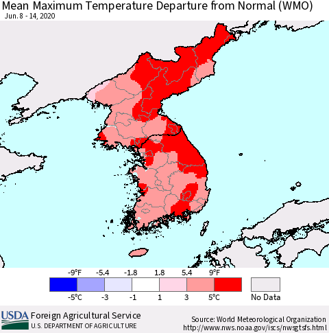 Korea Mean Maximum Temperature Departure from Normal (WMO) Thematic Map For 6/8/2020 - 6/14/2020