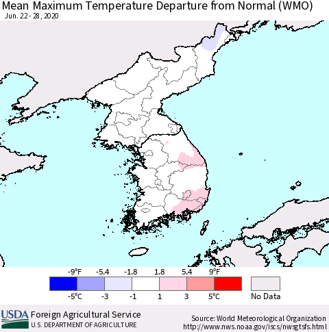 Korea Mean Maximum Temperature Departure from Normal (WMO) Thematic Map For 6/22/2020 - 6/28/2020