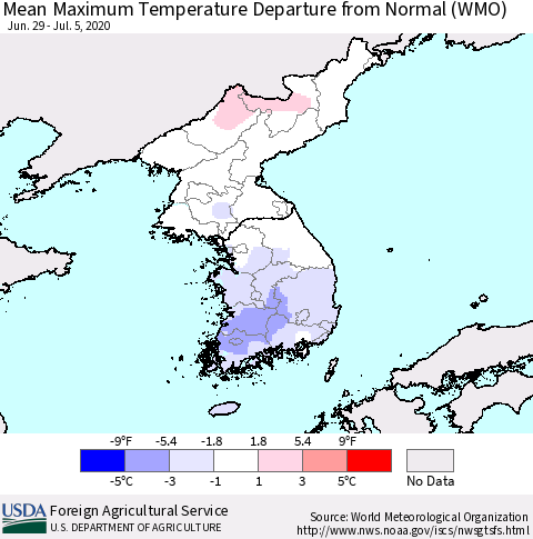 Korea Mean Maximum Temperature Departure from Normal (WMO) Thematic Map For 6/29/2020 - 7/5/2020