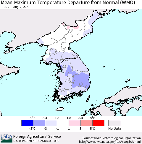 Korea Mean Maximum Temperature Departure from Normal (WMO) Thematic Map For 7/27/2020 - 8/2/2020