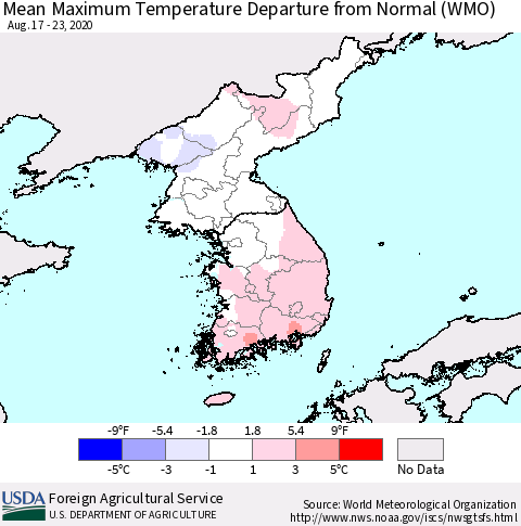 Korea Mean Maximum Temperature Departure from Normal (WMO) Thematic Map For 8/17/2020 - 8/23/2020