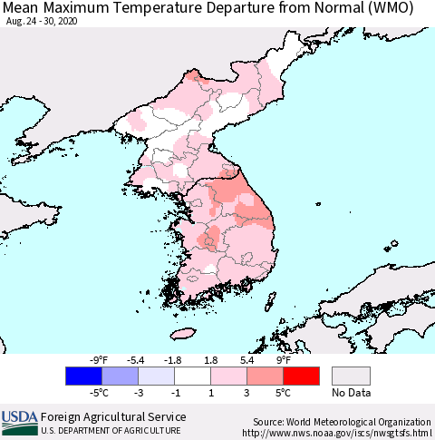 Korea Mean Maximum Temperature Departure from Normal (WMO) Thematic Map For 8/24/2020 - 8/30/2020