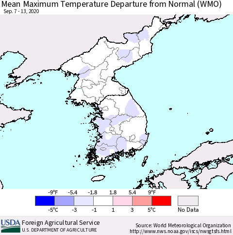 Korea Mean Maximum Temperature Departure from Normal (WMO) Thematic Map For 9/7/2020 - 9/13/2020