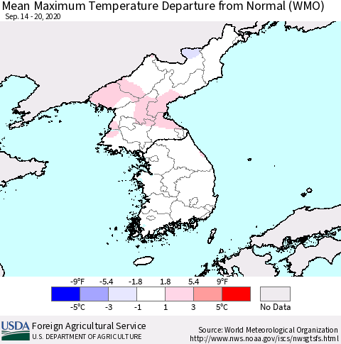 Korea Mean Maximum Temperature Departure from Normal (WMO) Thematic Map For 9/14/2020 - 9/20/2020
