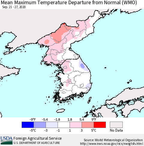 Korea Mean Maximum Temperature Departure from Normal (WMO) Thematic Map For 9/21/2020 - 9/27/2020