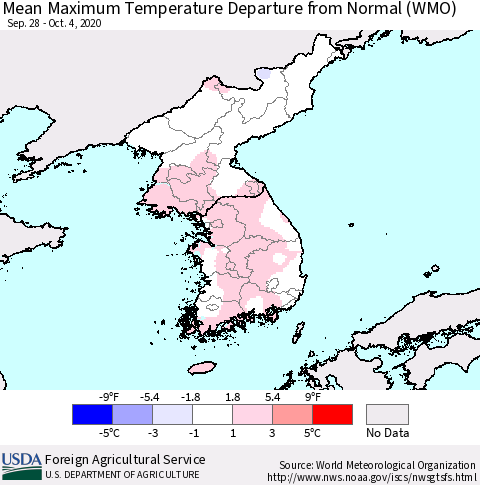 Korea Mean Maximum Temperature Departure from Normal (WMO) Thematic Map For 9/28/2020 - 10/4/2020