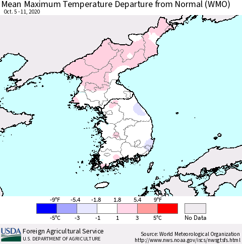 Korea Mean Maximum Temperature Departure from Normal (WMO) Thematic Map For 10/5/2020 - 10/11/2020