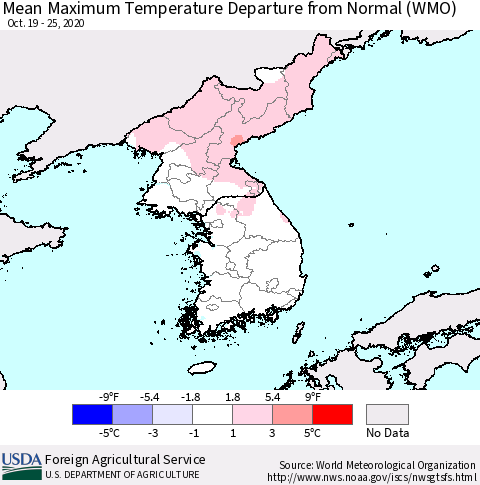 Korea Mean Maximum Temperature Departure from Normal (WMO) Thematic Map For 10/19/2020 - 10/25/2020