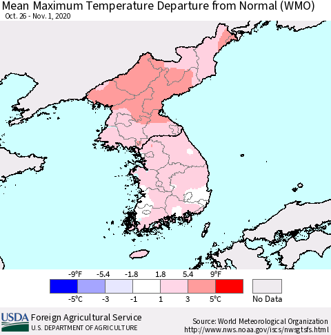 Korea Mean Maximum Temperature Departure from Normal (WMO) Thematic Map For 10/26/2020 - 11/1/2020