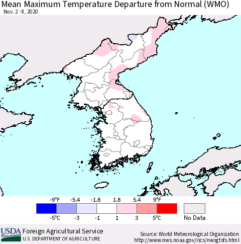 Korea Mean Maximum Temperature Departure from Normal (WMO) Thematic Map For 11/2/2020 - 11/8/2020