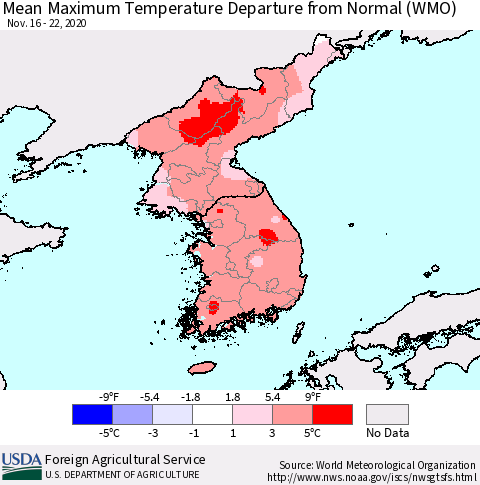 Korea Mean Maximum Temperature Departure from Normal (WMO) Thematic Map For 11/16/2020 - 11/22/2020