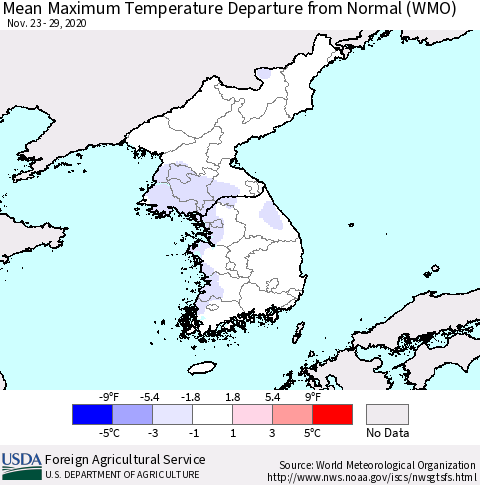 Korea Mean Maximum Temperature Departure from Normal (WMO) Thematic Map For 11/23/2020 - 11/29/2020