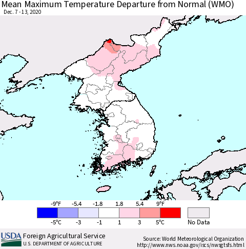Korea Mean Maximum Temperature Departure from Normal (WMO) Thematic Map For 12/7/2020 - 12/13/2020