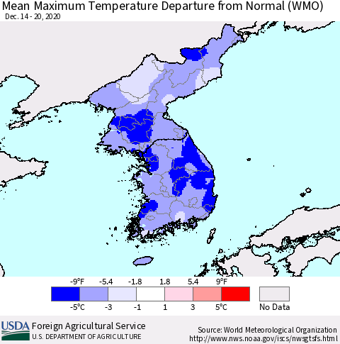 Korea Mean Maximum Temperature Departure from Normal (WMO) Thematic Map For 12/14/2020 - 12/20/2020