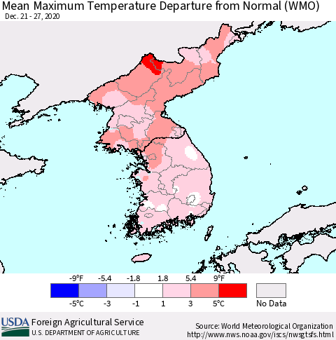 Korea Mean Maximum Temperature Departure from Normal (WMO) Thematic Map For 12/21/2020 - 12/27/2020