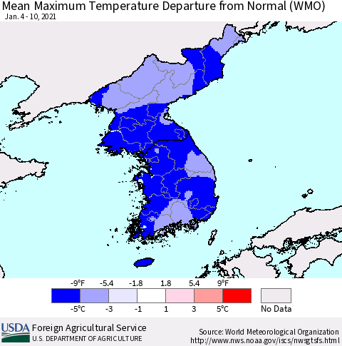 Korea Mean Maximum Temperature Departure from Normal (WMO) Thematic Map For 1/4/2021 - 1/10/2021
